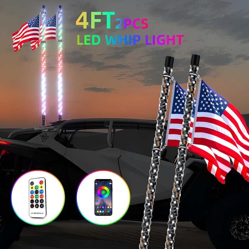 S7 2PCS 4FT Whip Lights, LED Whip Light with App & Remote Control, Spiral RGB Chasing Lighted Antenna Whips,Whip Light for UTV ATV RZR SXS Can-Am Dune Buggy Offroad Truck (4ft) - Image 2